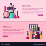 Cosmetic and makeup promo Internet pages. Thick brushes, eyeshadow palettes, black mascaras, glossy lipsticks and nail polishes vector illustrations.